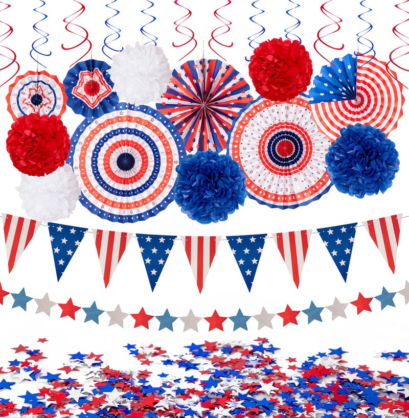 jollylife 29PCS 4th/Fourth of July Patriotic Decorations Set - Red White Blue Paper Fans,USA Flag Pennant,Star Streamer,Pom Poms,Hanging Swirls Party Decor Supplies - Image 1